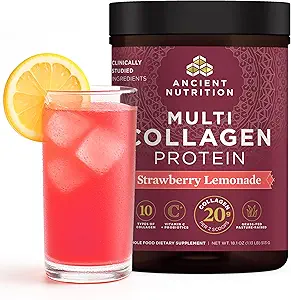 Ancient Nutrition Hydrolyzed Collagen Peptider Pulver med Probiotika, Jordbær Lemonade Multi Collagen Protein for kvinder og mænd med C-vitamin, 45 Servering, Understøtter hud og negle, Gut sundhed, 18