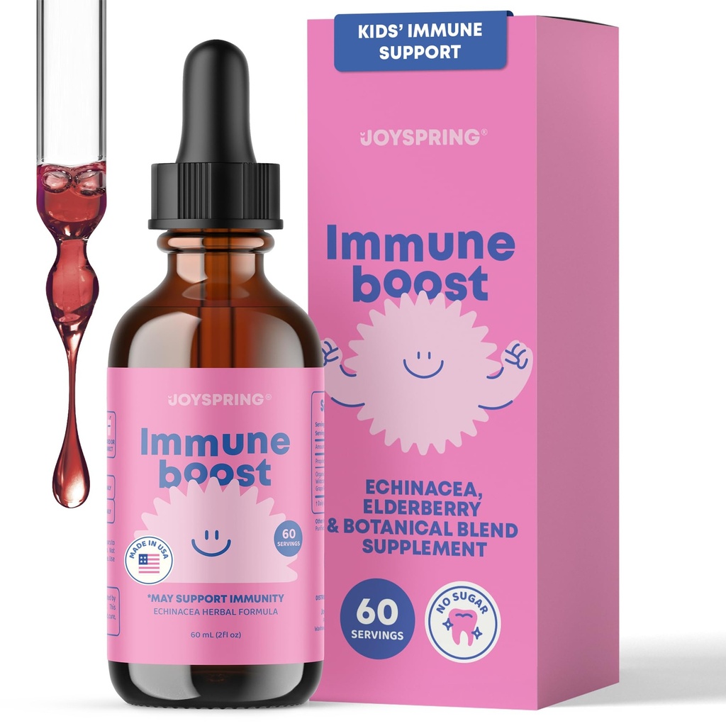 JoySpring immundråbe - Kids immunforsvar flydende supplement (2 fl oz) - Echinacea, Elderberry, Oregon Grape Root, Orange Peel, Vitamin A, B6, C - Natural Support System til børn og voksne