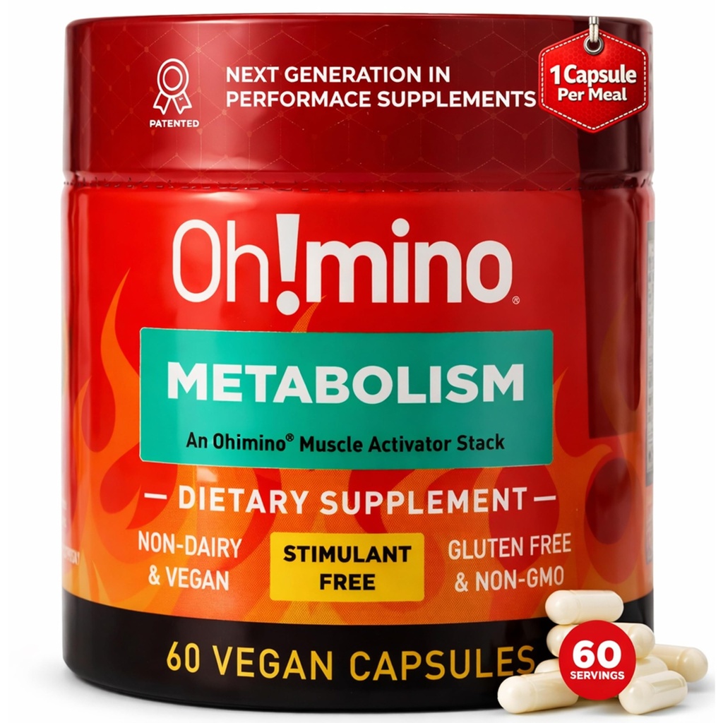 Oh! mino Metabolisme Support for Effektiv fedt til energi konvertering w / L- Carnitin, Phenylcapsaicin, & vitamin B3 - Non- Jitters, Stimulant- Free, Vegan, Non- Dairy Capsules (60 Servere)