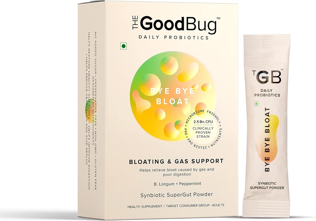 Prebiotic + Probiotic Gut Health Bloating Relief for mænd og kvinder - Hjælper med gas, bloat & fordøjelsessundhed - Boost immunitet med pebermynte & inulin, Synbiotic Fiber Powder, 2.5 Bn CFU - 30 Days Pack