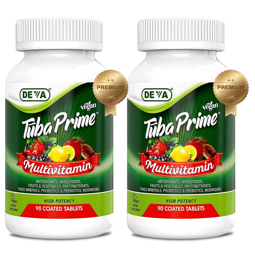 DEVA Tuba Prime Vegan Multivitamin High-Potency Vitamin og Mineral Kosttilskud Antioxidanter, Frugt og Grøntsager Blend, Super svampe, Probiotika, Prebiotika, Frø, Urter - 90 Tabs, 2 -Pack