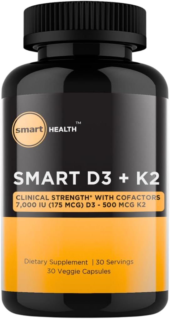 D3- vitamin + K2 - ben- helbreds- og immuntilskud - 7000 IE (175 MCG) D3 + 500 MCG K2 - Medfaktorer B6, Magnesium & Zink - Gluten Free, Vegan, non- GMO - Kosttilskud - 30 Veggie kapsler