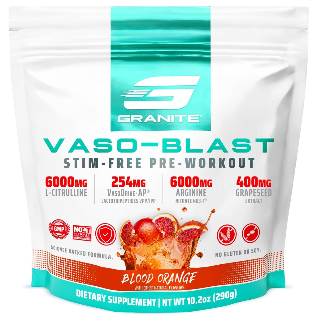 Granite Nutrition Vaso Blast Stim- Gratis Pre Workout - Non-Stim Nitroxide Support til Pump, Physique, og Muskelkapacitet - Blod Orange (290g)