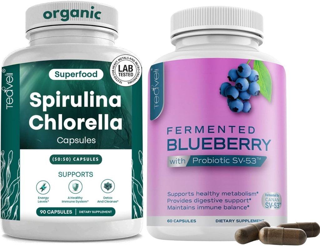 Teaveli Spirulina Chlorella og blåbær kapsler