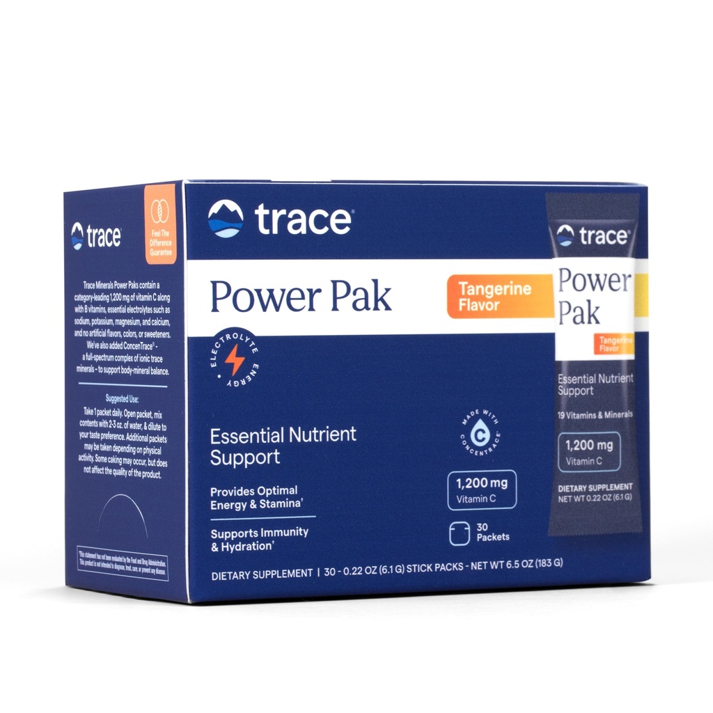 Trace Minerals Power Pak Multivitamin og Multimineral Pakninger - Elektrolyte Support - 1200 mg C-vitamin Plus 70 Tangerine Flavor - 30 Pakker