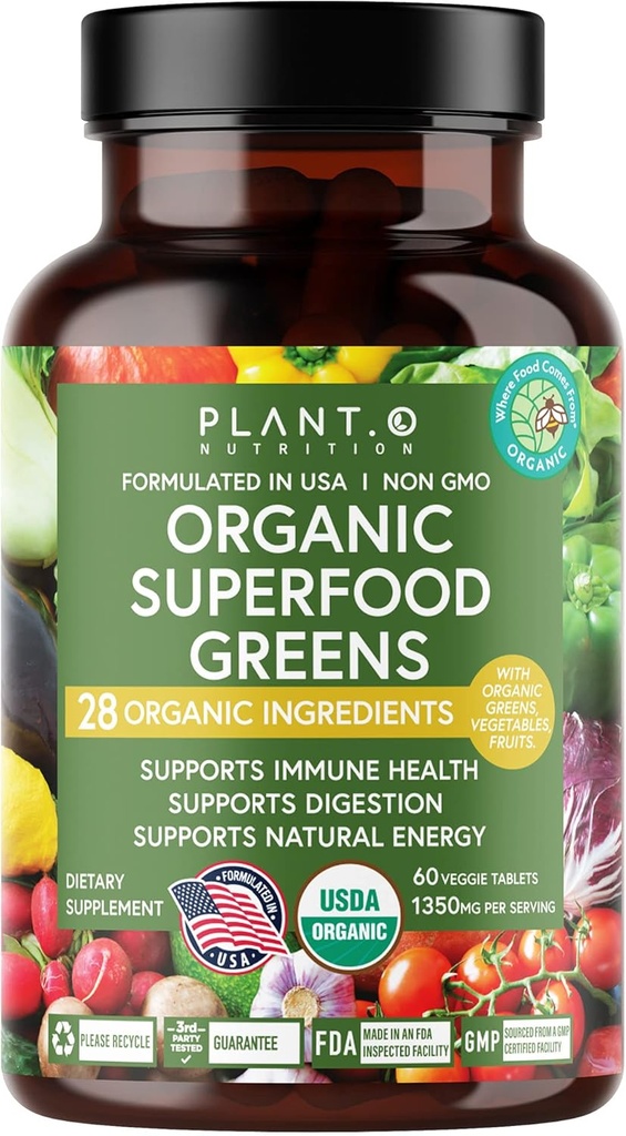 Plant.O Organic Super Green [Fruit & Veggie Supplement] Høj Absorption Antioxidanter fra Green Powder med Alfalfa, Beet Root, Tart Cherry for immunforsvar, Gut Health, Energy, 60 Veggie Tablets