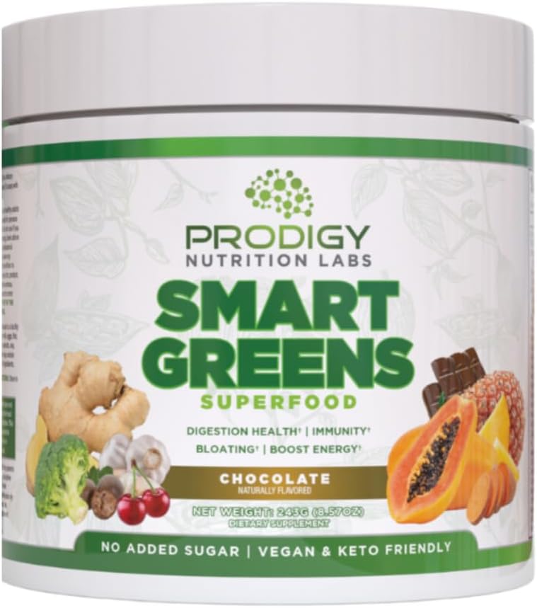 Prodigy Smart Green - Super Green Powder Smoothie & Drink Mix - Probiotika til fordøjelsessygdomme & bloating Relief, proteiner, grøntsager og frugter med Chlorella til Gut Health