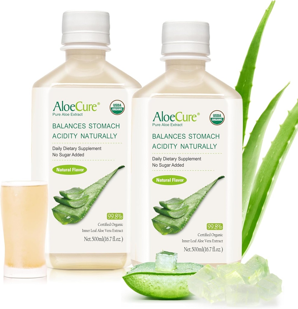 AloeCure USDA Organic Aloe Vera Juice Made within 12 timer af Høsten - Pure Aloe Juice Natural fordøjelsestillæg til støtte fordøjelse, immunsystem og balanceret mave syre, 2 x 500 ml flasker
