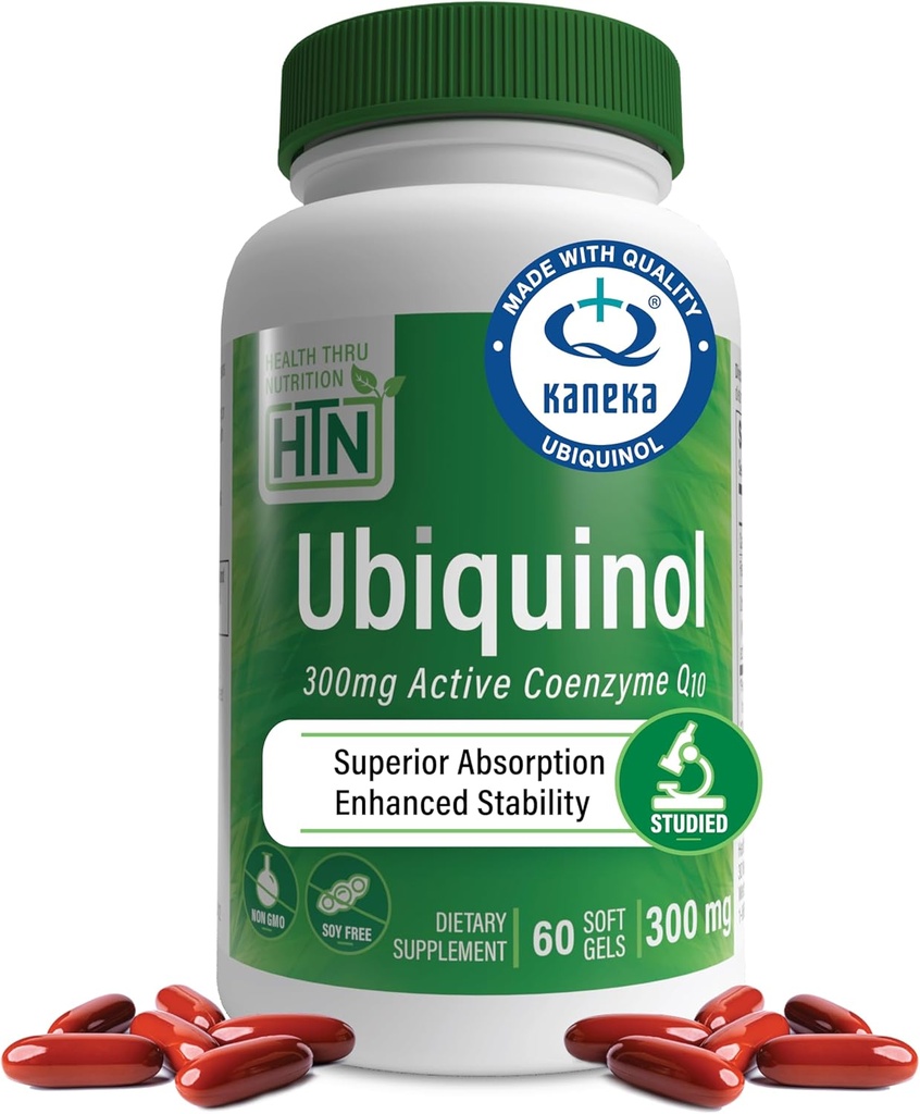 Health Thru Nutrition Ubiquinol 300mg 60 Softgels as Kaneka QH Reduced CoQ-10 | Stabilized - 3rd Party Tested | Enhanced Bioavailability | Cardiovascular & Mitochondria Function Support | Non-GMO