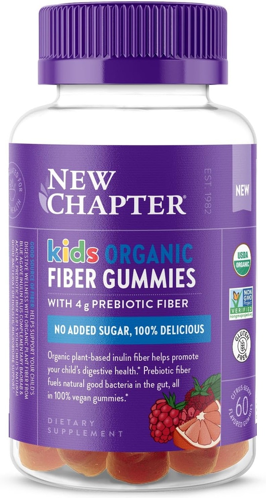 Nyt kapitel Organic Fiber Gummies for Kids, 4g Delicious Plant- Based Prebiotic Fiber for fordøjelsessygdomme, Vegan, Non- GMO, USDA Organic, Gluten Free, Citrus- Berry Flavored, 60 ct