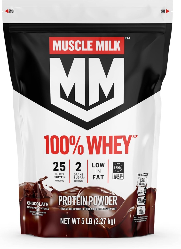 Muskelmælk 100% Whey Protein Powder, Chokolade, 5 Pund, 66 Servering, 25g Protein, 2g Sukker, Lav i fedt, NSF Certificeret til Sport, Energigivende Snack, Workout Inddrivelse, Packaging May Vary