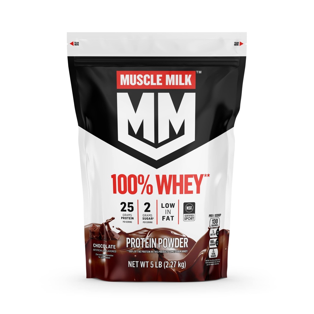 Muskelmælk 100% Whey Protein Powder, Chokolade, 5 Pund, 66 Servering, 25g Protein, 2g Sukker, Lav i fedt, NSF Certificeret til Sport, Energigivende Snack, Workout Inddrivelse, Packaging May Vary