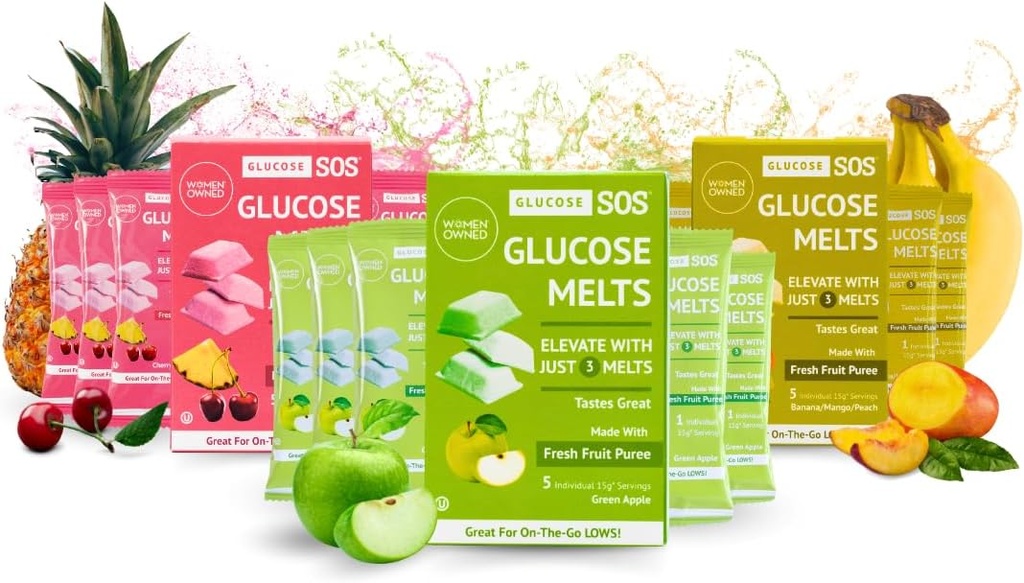 Glucose SOS smelter lavet med Dextrose Powder Natural Fruit puré sukker, ligesom Glucose Tabs, hurtige fungerende tabletter, der smelter med 15 individuelle 15g Servering af 3 forskellige Artikker