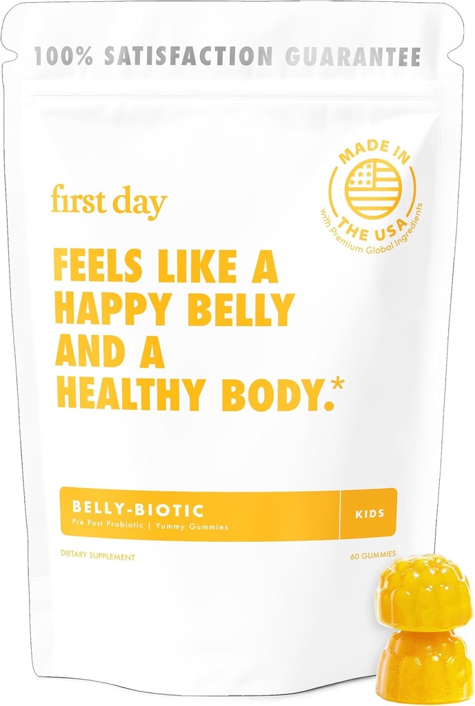Første dag Kids Probiotiske Gummies - 3 i 1 Probiotika for børn + Prebiotic & Postbiotic - Prebiotika & Probiotika for fordøjelsessygdomme & immunforsvar - Vegan, Gluten Free, 30 - Day Supply