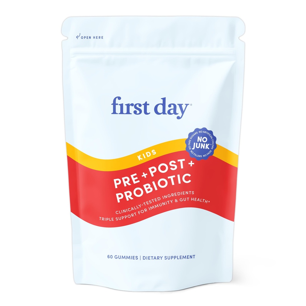 Første dag Kids Probiotiske Gummies - 3 i 1 Probiotika for børn + Prebiotic & Postbiotic - Prebiotika & Probiotika for fordøjelsessygdomme & immunforsvar - Vegan, Gluten Free, 30 - Day Supply