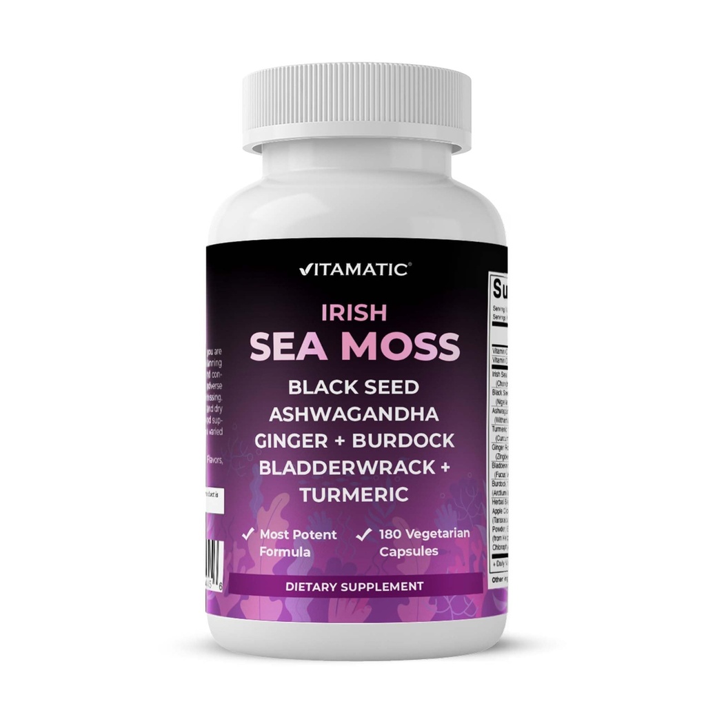 Vitamatic Sea Moss med Black Seed Oil, Ashwagandha, gurkemeje, Bladderwrack & Burdock - 180 Veganske kapsler