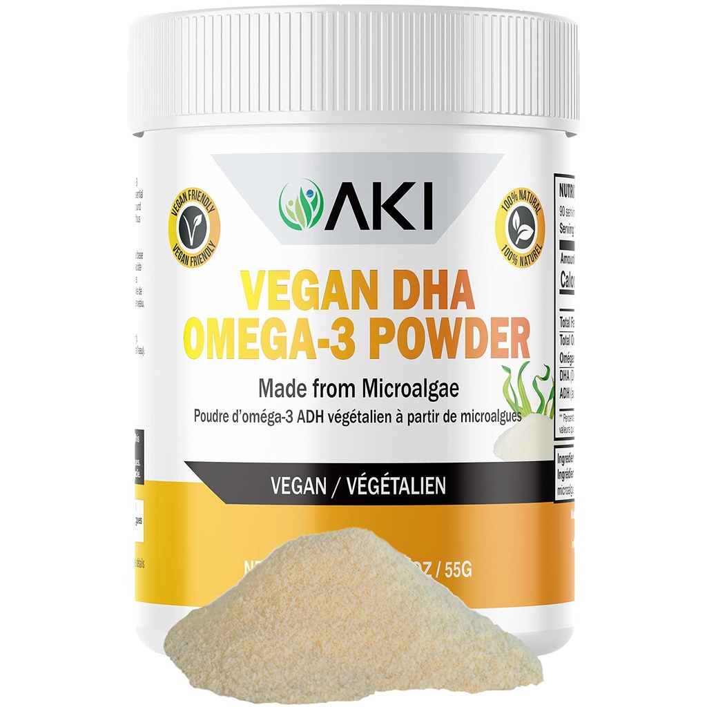 AKI Omega 3 DHA Micro Algae Powder Kosttilskud - Plantbased Keto Vitamin for inflammation - Alternativ til fisk eller krill Oil - Vegan & GMO- Free (1.94oz / 55g)