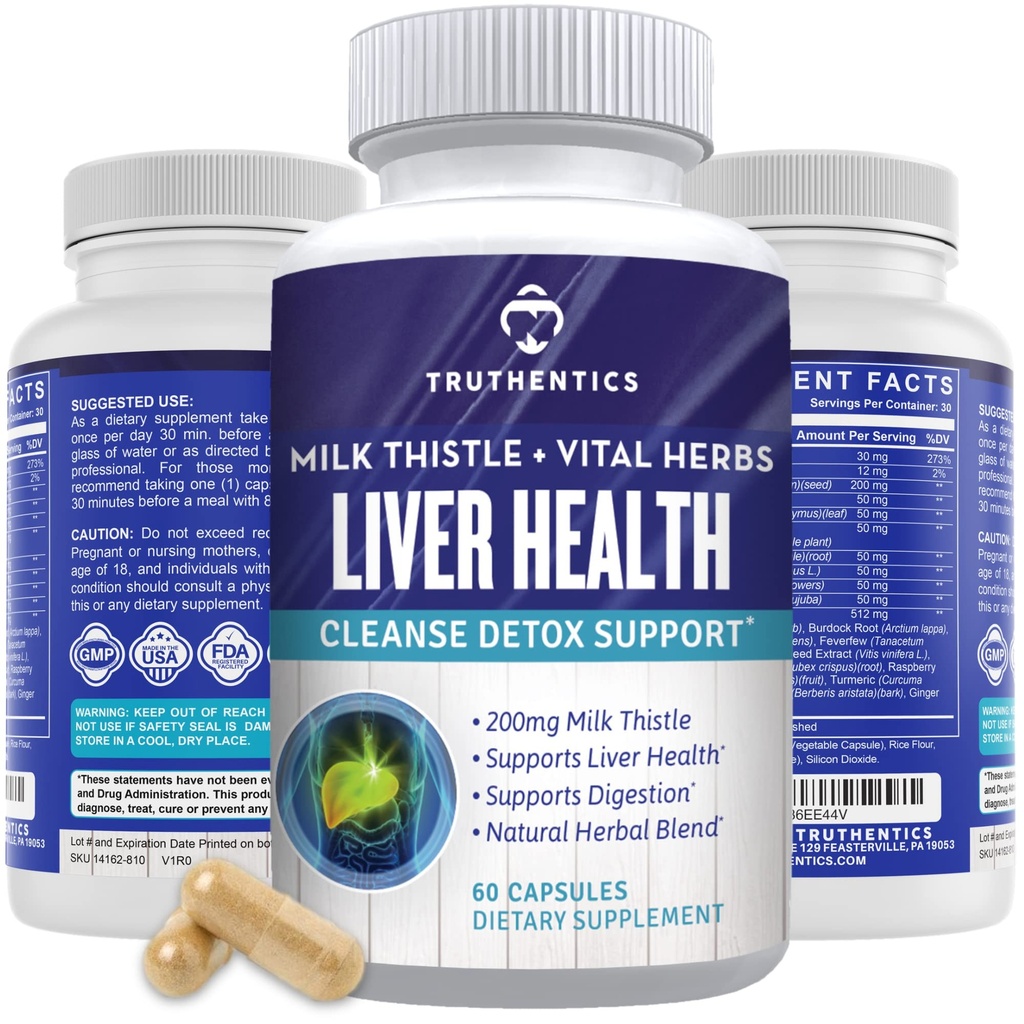 TRUTHENTICS Lever sundhed supplement - Mælk tidsel lever sundhed Formel med Artichoke Extract, Mælkebøtte, gurkemeje, og mere - Natural Detox støtte til mænd og kvinder - 60 kapsler