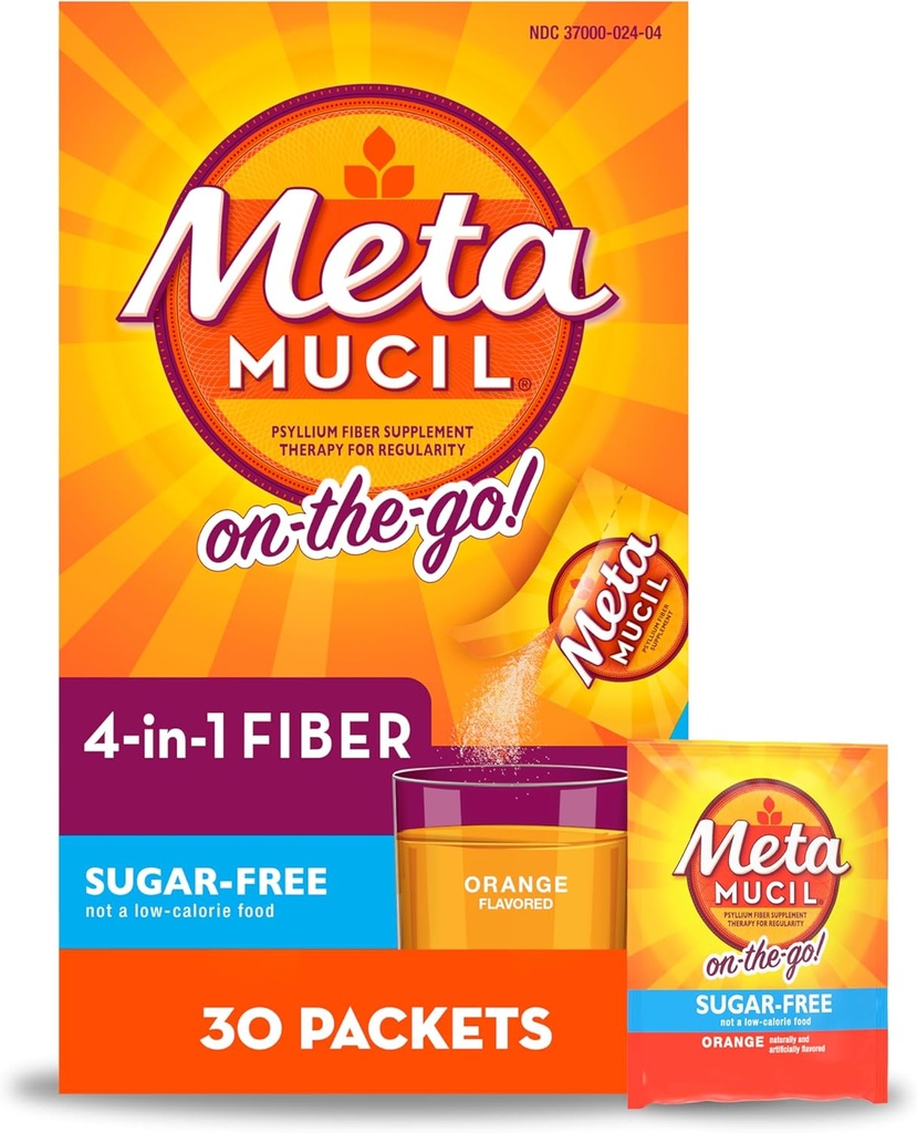 Metamucil On- The- Go, Psyllium Husk Fiber Supplement, 4-in-1 Fiber til fordøjelsessundhed, Sukker fri, Orange Flavor, 30 Greve x 2 Pakker (60 Greve Total)