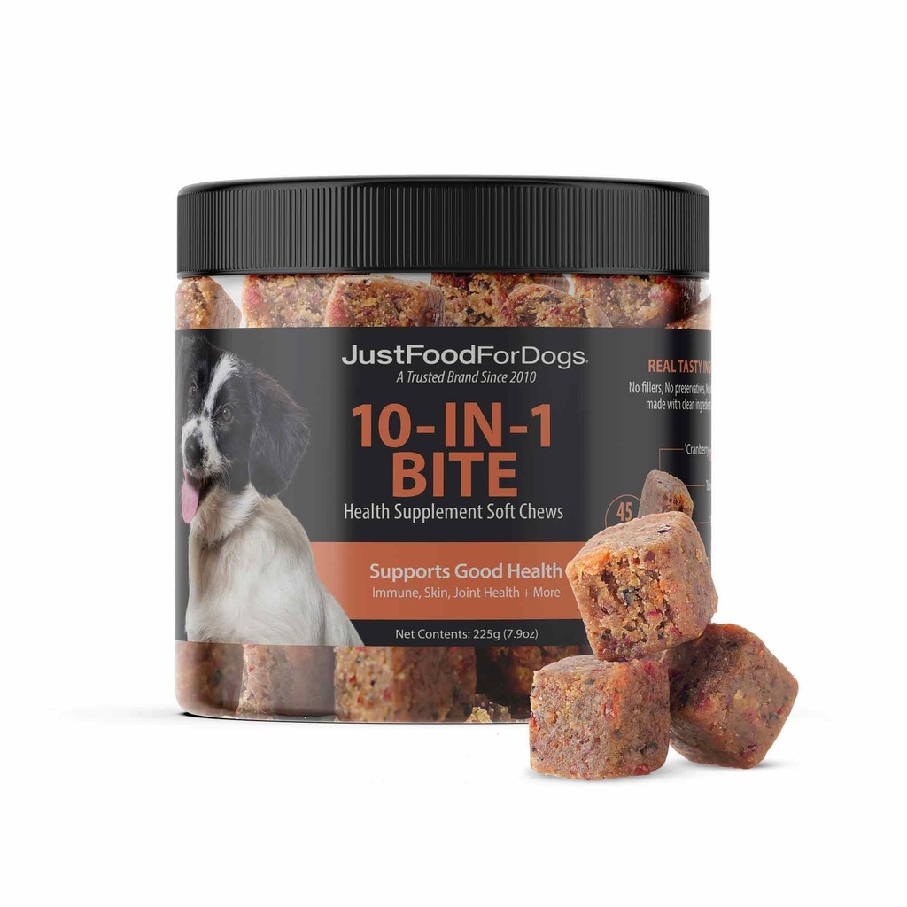 JustFood ForDogs 10- in-1 Multifunktionel supplement tygger til hunde, Superfood Blend, Glucosamin, Omega-3 fedtsyrer, hudsundhed, fælles sundhed, probiotika, Plant- baseret, Human Grade - 45 Tæl