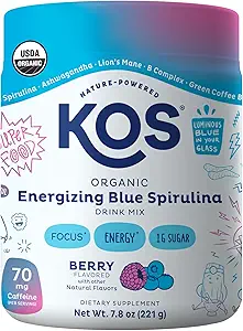 KOS Energizing Blue Spirulina Blend - USDA Certified Organic - B Vitaminer, Ashwagandha, Ginseng, Adaptogens, Biotin - Vegan Pre Workout Powder - Kaffeeret, Berry Flavored, 28 Servering