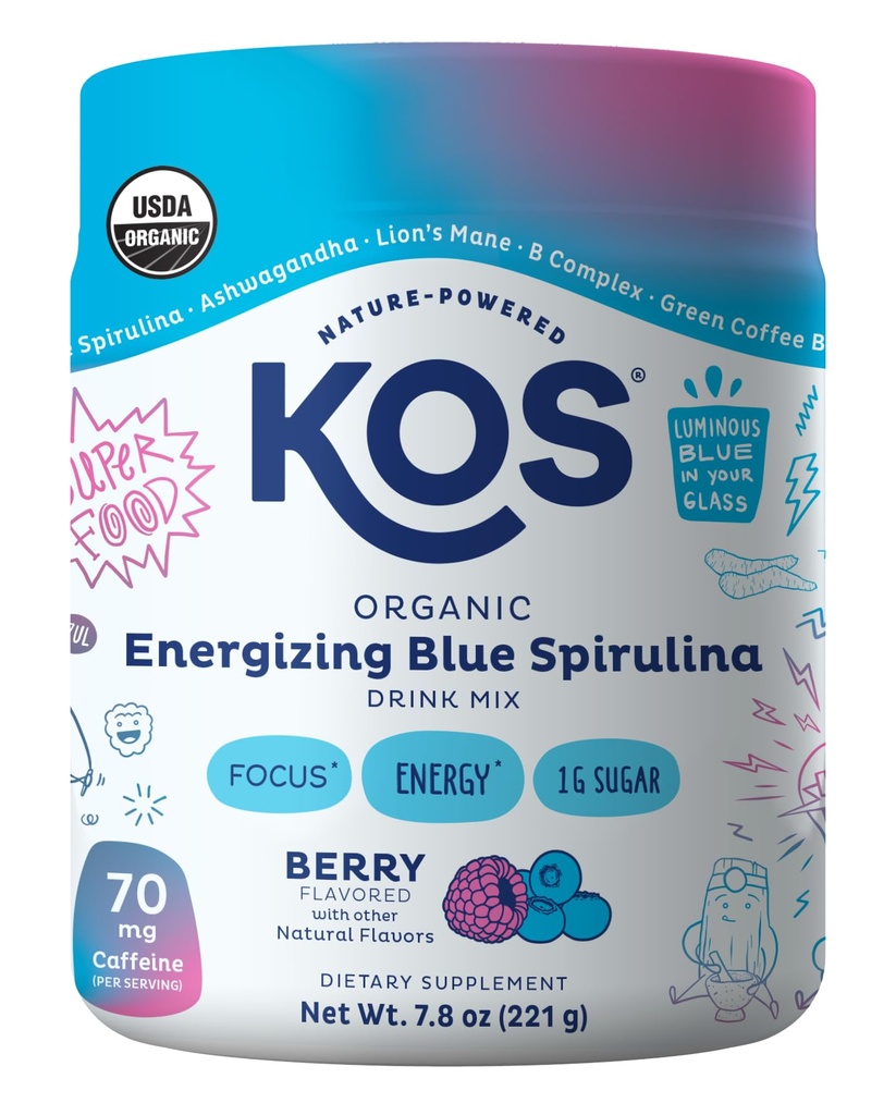 KOS Energizing Blue Spirulina Blend - USDA Certified Organic - B Vitaminer, Ashwagandha, Ginseng, Adaptogens, Biotin - Vegan Pre Workout Powder - Kaffeeret, Berry Flavored, 28 Servering