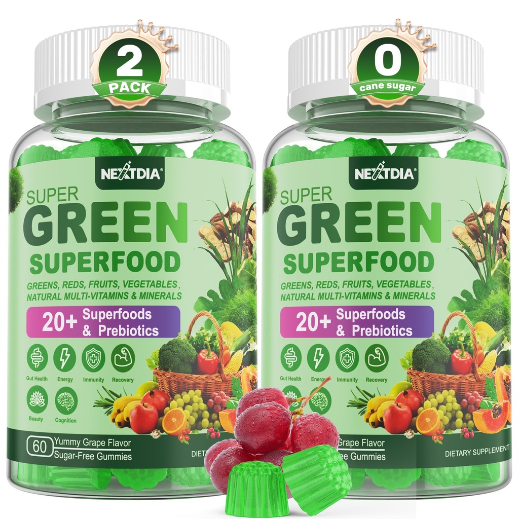 Super Green Gummies, Green Superfood Powder Alternativ w / Spirulina, Chlorella, Prebiotic Fiber, Probiotic, Fruit Veggie, Daglig frugt grøntsag til fordøjelse & Gut sundhed, Immunitet, Fokus, 120 Cts