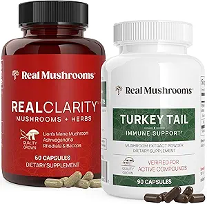 Real Mushrooms RealClarity (60ct) og Tyrkiet Tail (90ct) Kapsler Bundle - Mushroom supplement til Mental Clarity, Focus & immunsupport - Vegan, Non- GMO, verificerede niveauer af Beta- glucans