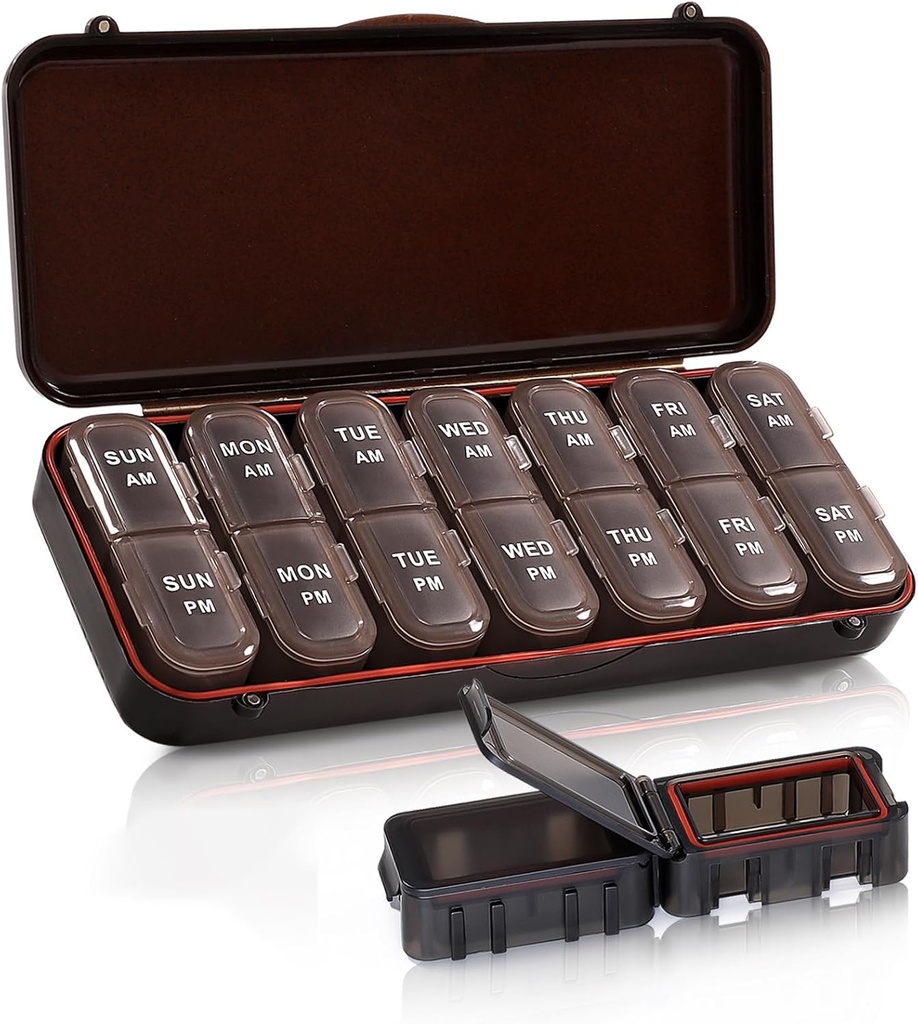Pill Organizer 2 gange om dagen, Weekly Travel Case for Vitaminer, Fish Oils + 2 Aftagelige søde bokse (Brown)