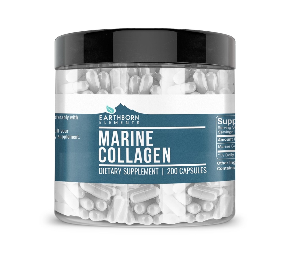 Earthborn Elements Collagen Peptider (200 kapsler) Hydrolyseret Fish Collagen, Non- GMO, Scent- Free, Bioavailable (960 mg Servering)