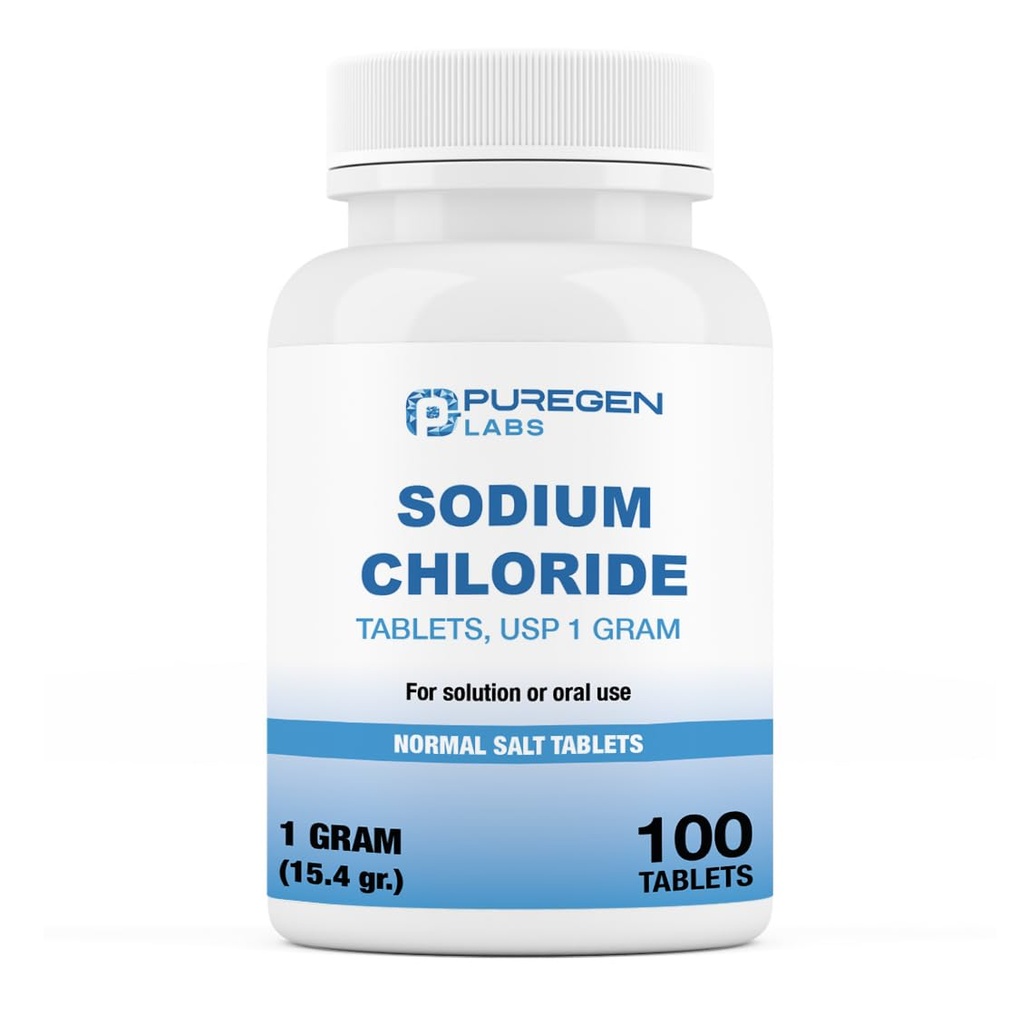 Puregen Labs Natriumchlorid tabletter 1 gm (1000 mg), USP Note 124; (15.4gr.)