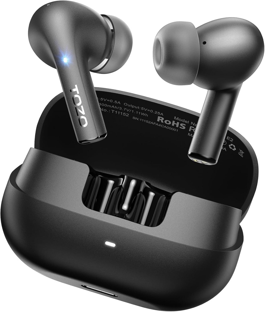TOZO E2 Trådløse Earbuds 10mm drivere med kraftfuld Bass, App Tilpas 32 EQs, med 2 MIC AI Call Støj Annullering, 30H Playtime, Bluetooth 5.3 Ear Bud, Comfort Fit in- Ear hovedtelefoner