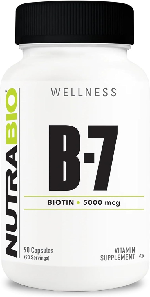 NutraBio biotin (vitamin B- 7) Supplement, 5000mcg - Kan hjælpe med at fremme sundt hår, hud og negle, 90 vegetabilske kapsler