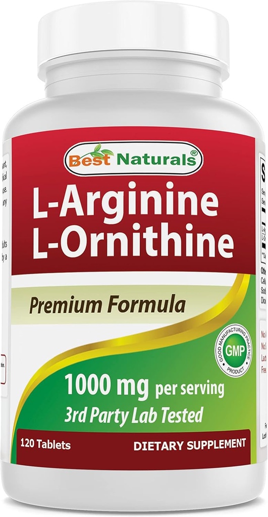 Bedste Naturals L- Arginin L- Ornithin - 1000 mg per servering - 120 tabletter - Non- GMO & Gluten Free (120 greve (pakke med 1))