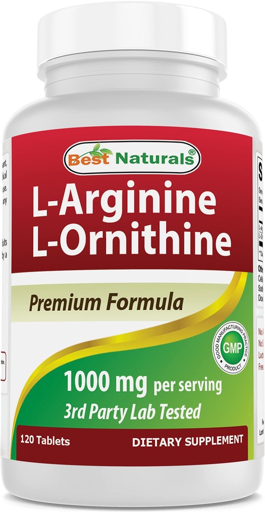 Bedste Naturals L- Arginin L- Ornithin - 1000 mg per servering - 120 tabletter - Non- GMO & Gluten Free (120 greve (pakke med 1))