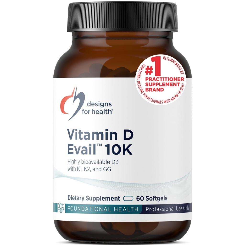 Design for sundhed D- Evail 10K - 10.000 IE vitamin D tillæg med vitamin K (K1, K2 som MK-4) + GG - Bone, Cardiovaskulær + immunforsvar - Forbedret biotilgængelighed Vitamin D3 (60 Softels)