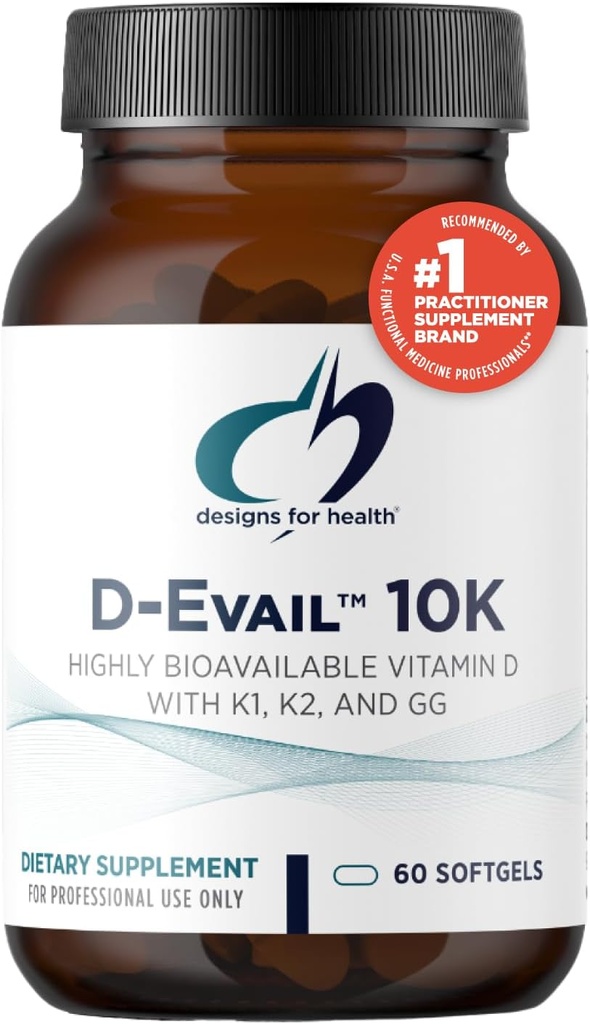 Design for sundhed D- Evail 10K - 10.000 IE vitamin D tillæg med vitamin K (K1, K2 som MK-4) + GG - Bone, Cardiovaskulær + immunforsvar - Forbedret biotilgængelighed Vitamin D3 (60 Softels)