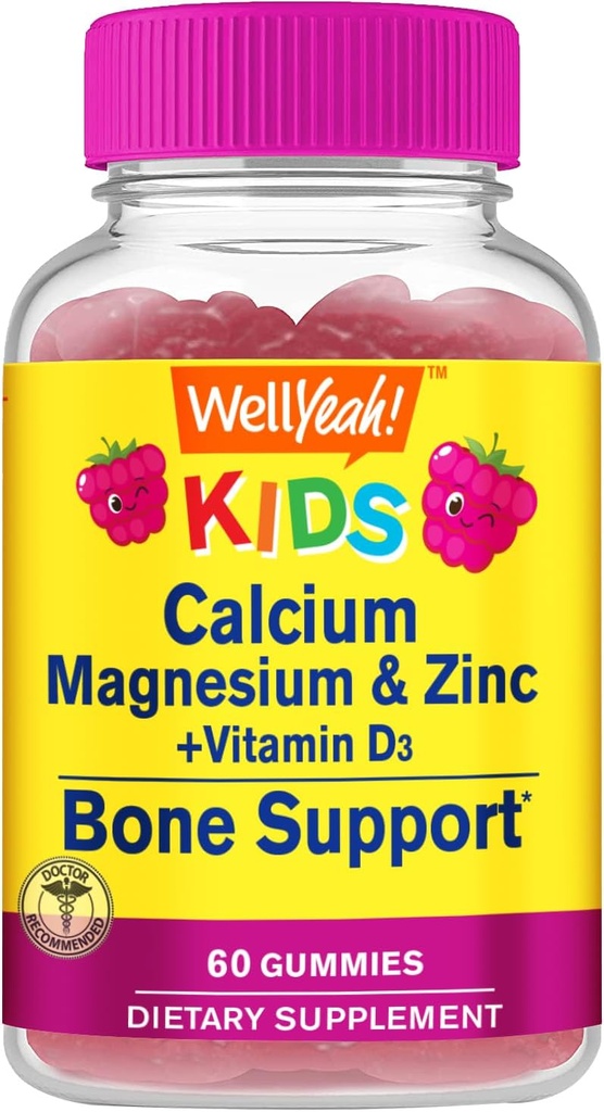 Kid 's Calcium, Magnesium, Zink + Vitamin D3 Gummies af WellYes; Bone, Muscle and Nerve Health Support, immunsupport, 124; for mænd og kvinder; Gluten Free, Non GROMY 124; Raspberry Flavor
