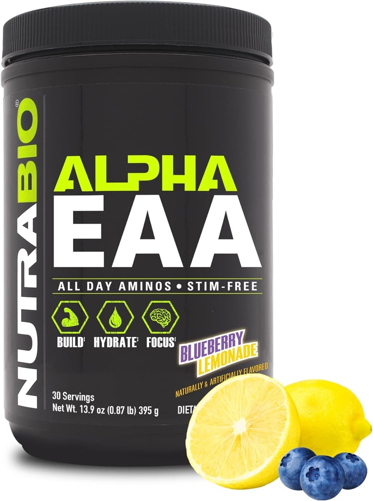 NutraBio Alpha EAA - All-Day Amino Acids for Muscle Growth and Hydration - Essential Amino Acids with Nootropics & Adaptogens- Full Spectrum EAA BCAA Powder - 30 Servings - Blueberry Lemonade
