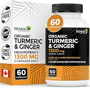 Renew Actives Gurkemeje Curcumin 1000MG & 200MG Ingefær per 2 kapsler - Potent antioxidant med Bioperine & Black Pepper Blend til fordøjelse & leversundhed - Made in Canada - 60 kapsler