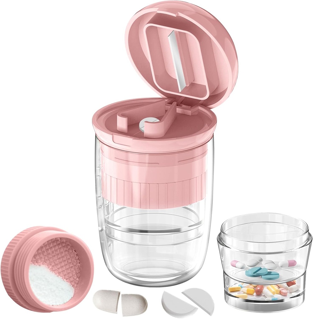 Pill Cutter Splitter with Dispenser, Pill Cutter for Small or Large Pills, Crushes Pills, Vitamins, Tablets, Stainless Steel Blade, Removable Drinking Cup (Pink-1)