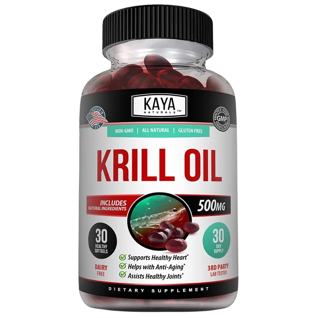 Kaya Naturals - Antarktis Krill Oil 500mg med Omega 3, EPA, DHA, Phospholipider & Astaxanthin Supplement - Brain & Health Vitamin - Anti Aging Supplement - 30 Count Softgels