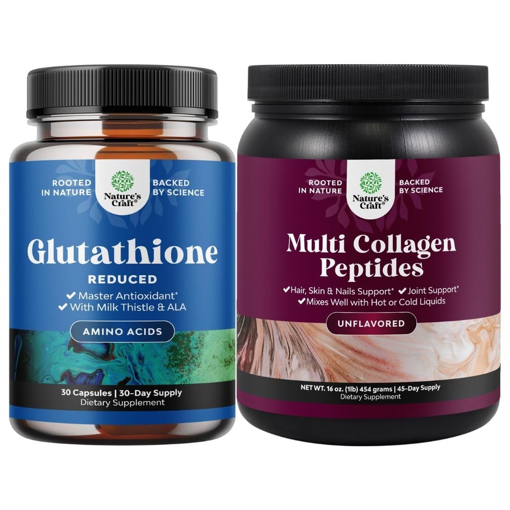 Bundle of Reduceret Glutathion Supplement med mælk tidsel - 500 mg per servering Pure L Glutathion og Multi Collagen protein pulver - Keto Hydrolyzed Collagen Peptider hår hud & negle Vitamis