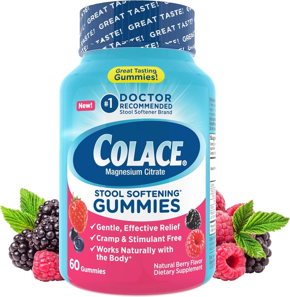 Colace afføring blødgøringsmiddel Gummies, blid Dependible Constipation Relief Magnesium Citrate Gummies, No.1 Doctor Recommended Afføringsmiddel Mærke, Berry Flavored 60ct
