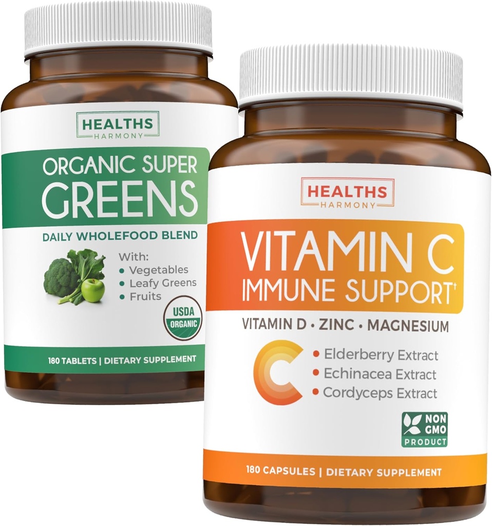 Super Green & C-vitamin (3-måned Tilgang) Vitamin Green Bundle of Organic Super Greends Powder - Komplet superfood (180 kapsler) & C-vitamin immunforsvar (180 vegetariske kapsler)