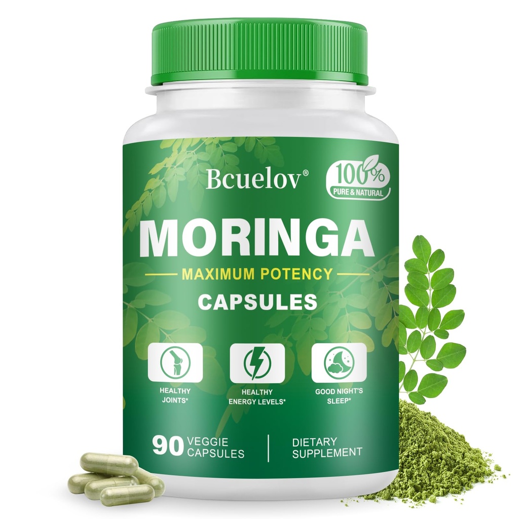 Moringa Kapsler 124; 800mg Pure Moringa Pulver Kapsler - Understøtter energi, hud & Gut sundhed, immunsystem - Green Superfood med vitaminer og aminosyrer (90 Caps)