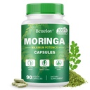 Moringa Kapsler 124; 800mg Pure Moringa Pulver Kapsler - Understøtter energi, hud & Gut sundhed, immunsystem - Green Superfood med vitaminer og aminosyrer (90 Caps)