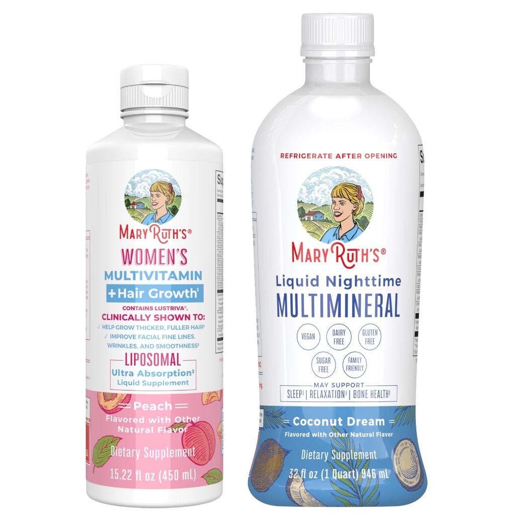 MaryRuth 's Women' s Multivitamin + Hair Growth Liposomal (Peach) & Liquid Nighttime Multimineral (Coconut, 15oz) Medical 124; Clean Label Project Verified ® Medical 124; Vegan Medical 124; Beauty, Bedtime Routine, & Samlet sundhed