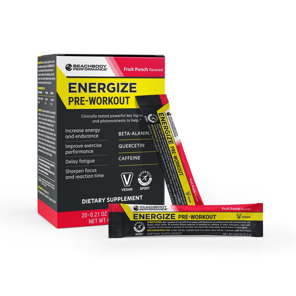 BODi Energize Pre Workout Powder - Beta- Alanine, Quercetin & Low- Dosis Coffein Formel for forbedret energi & fokus, øge energi & udholdenhed supplement, frugt punch, 20 sticks
