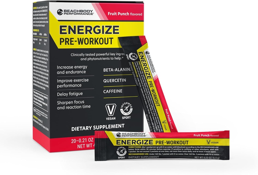 BODi Energize Pre Workout Powder - Beta- Alanine, Quercetin & Low- Dosis Coffein Formel for forbedret energi & fokus, øge energi & udholdenhed supplement, frugt punch, 20 sticks